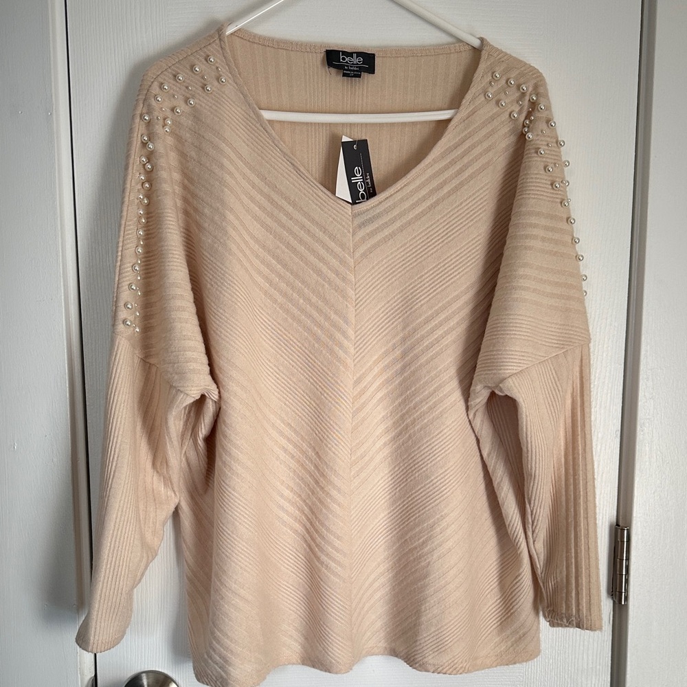 belle Cream V-Neck Sweater with Pearl Details